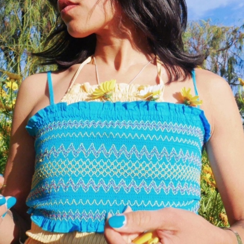 Forever 21 size S Blue and yellow Smocked ruffled Crop Top w adjustable straps